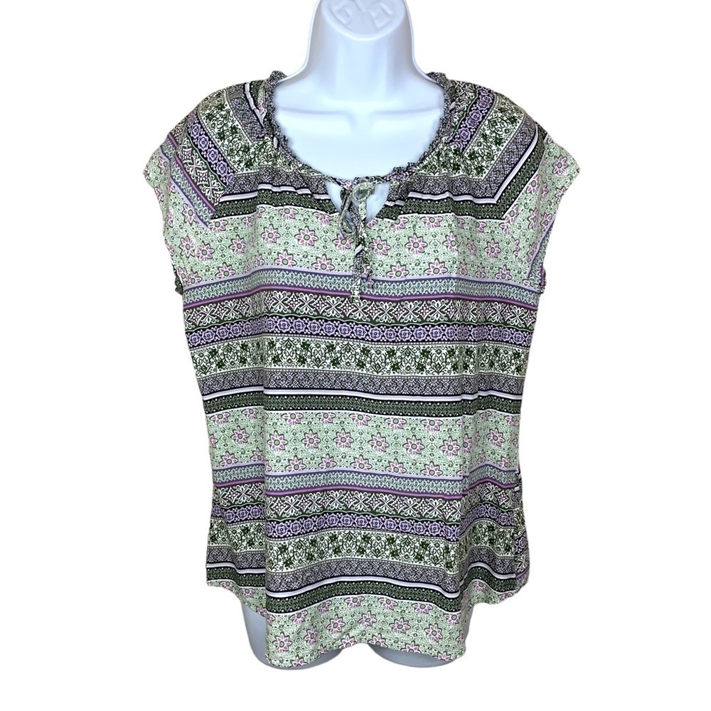 Croft & Barrow Boho Floral Top Cap Sleeve Purple Green Bohemian Petite Medium